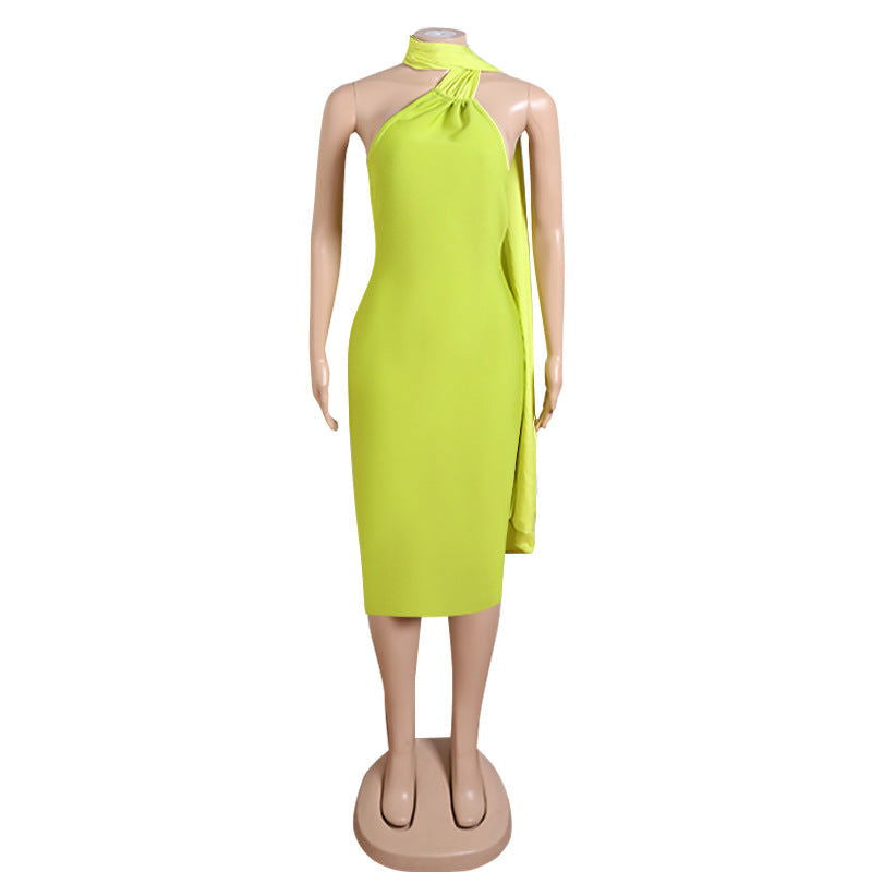 Halter Neck Draped Scarf Tie Backless High Slit Bodycon Midi Dress