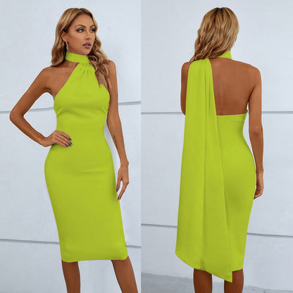 Halter Neck Draped Scarf Tie Backless High Slit Bodycon Midi Dress