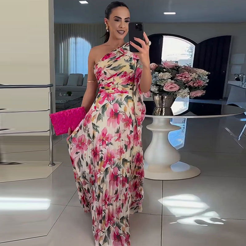 One-Shoulder Pleated Floral Print Maxi Dress