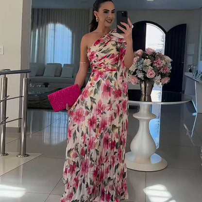 One-Shoulder Pleated Floral Print Maxi Dress