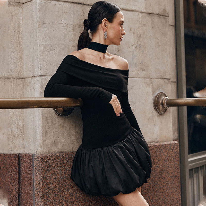Retro Gracefuloff Shoulder Long Sleeve off the Shoulder Stitching Short Tulle Tutu