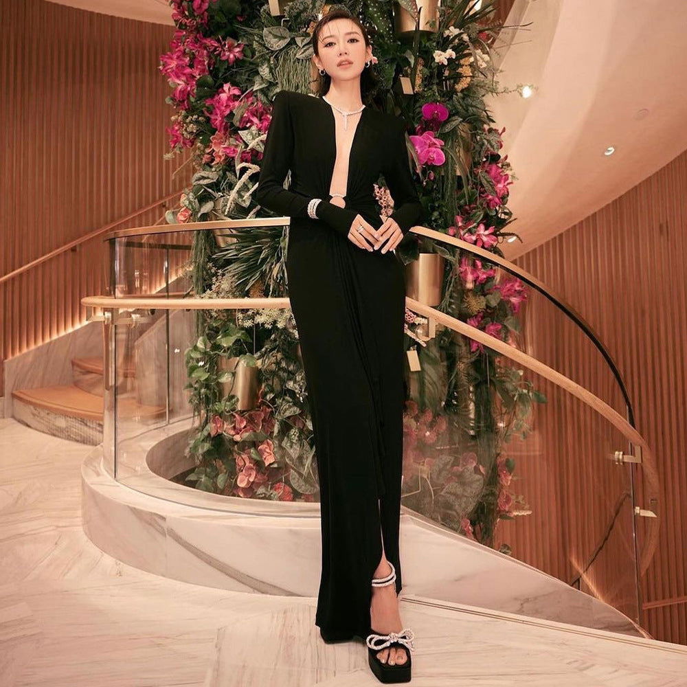 Plunge V-Neck Padded Shoulder Ring-Waist Draped Column Maxi Gown