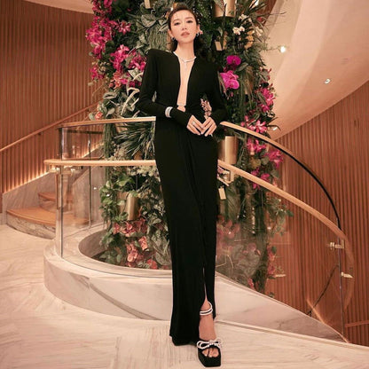Plunge V-Neck Padded Shoulder Ring-Waist Draped Column Maxi Gown