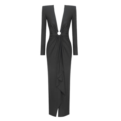 Plunge V-Neck Padded Shoulder Ring-Waist Draped Column Maxi Gown