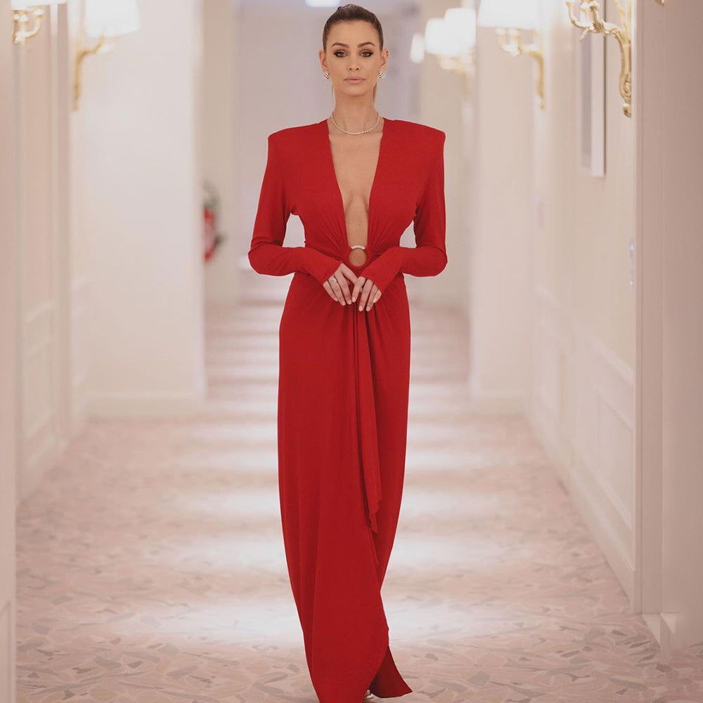 Plunge V-Neck Padded Shoulder Ring-Waist Draped Column Maxi Gown