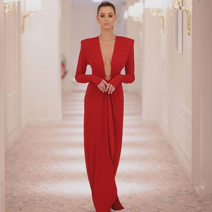 Plunge V-Neck Padded Shoulder Ring-Waist Draped Column Maxi Gown