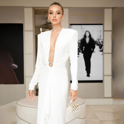 Plunge V-Neck Padded Shoulder Ring-Waist Draped Column Maxi Gown