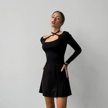 Crisscross Strap Square Neck Cutout A Line Mini Dress