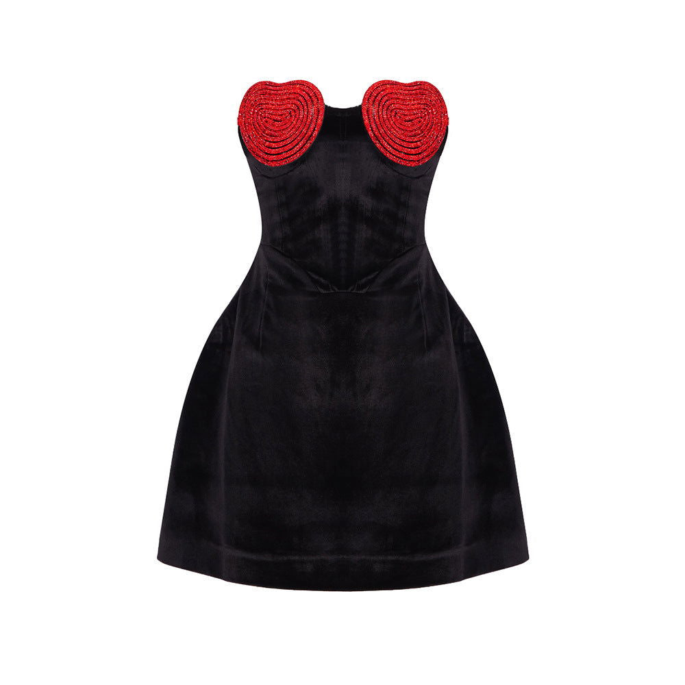 Velvet Sweetheart Heart Appliqué Strapless Corset Mini Dress