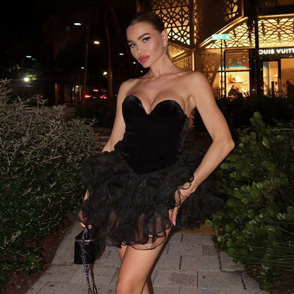Strapless Sweetheart Corset Velvet Tiered Tulle Bubble Mini Dress