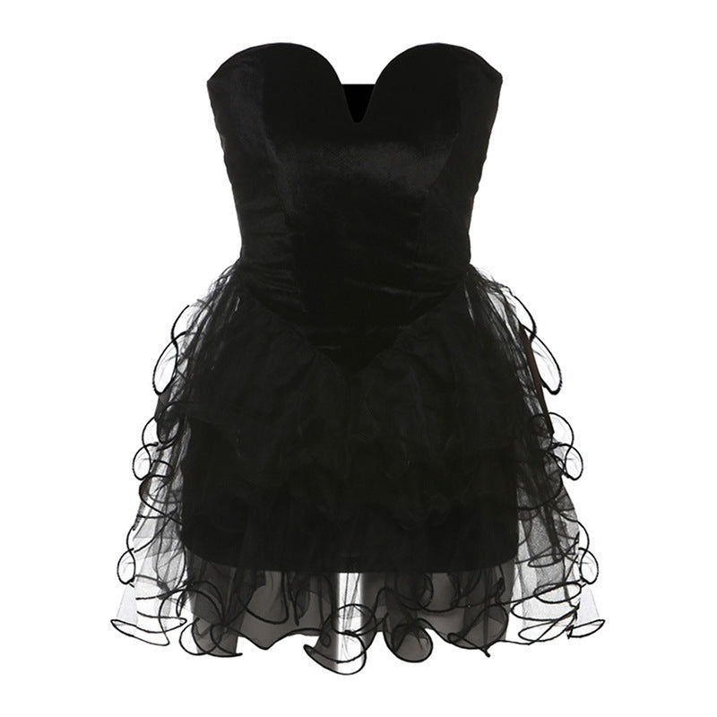 Strapless Sweetheart Corset Velvet Tiered Tulle Bubble Mini Dress