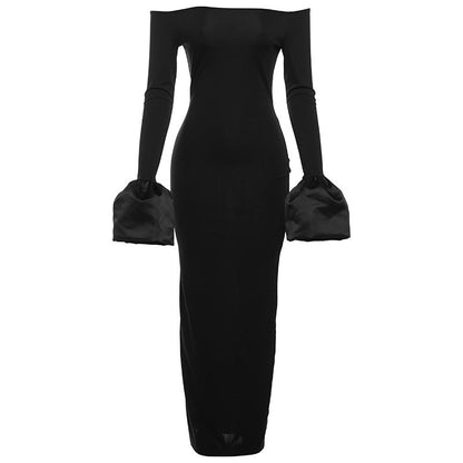 off Neck Long Sleeve Puffed Sleeves Split Dress