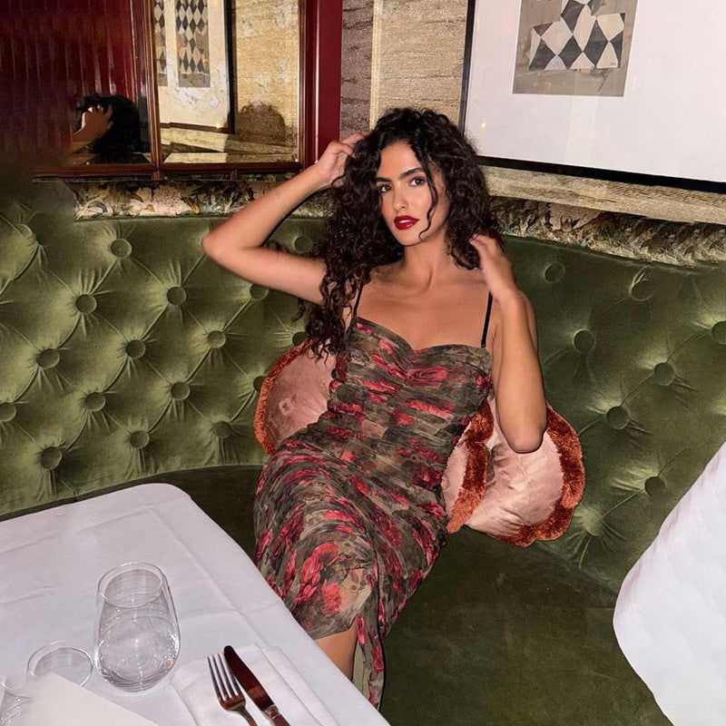 Sweetheart Neck Spaghetti Strap Ruched Floral Mesh Bodycon Midi Dress