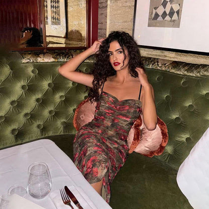 Sweetheart Neck Spaghetti Strap Ruched Floral Mesh Bodycon Midi Dress