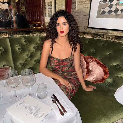 Sweetheart Neck Spaghetti Strap Ruched Floral Mesh Bodycon Midi Dress