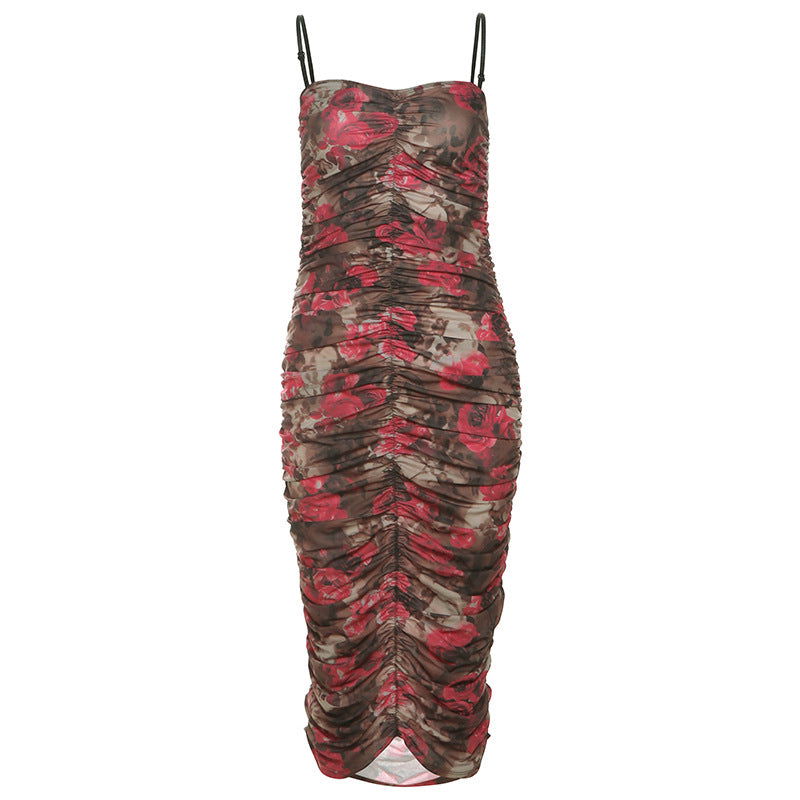 Sweetheart Neck Spaghetti Strap Ruched Floral Mesh Bodycon Midi Dress