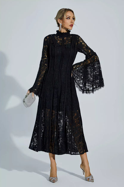 Avah Black Hollow Embroidery Midi Dress