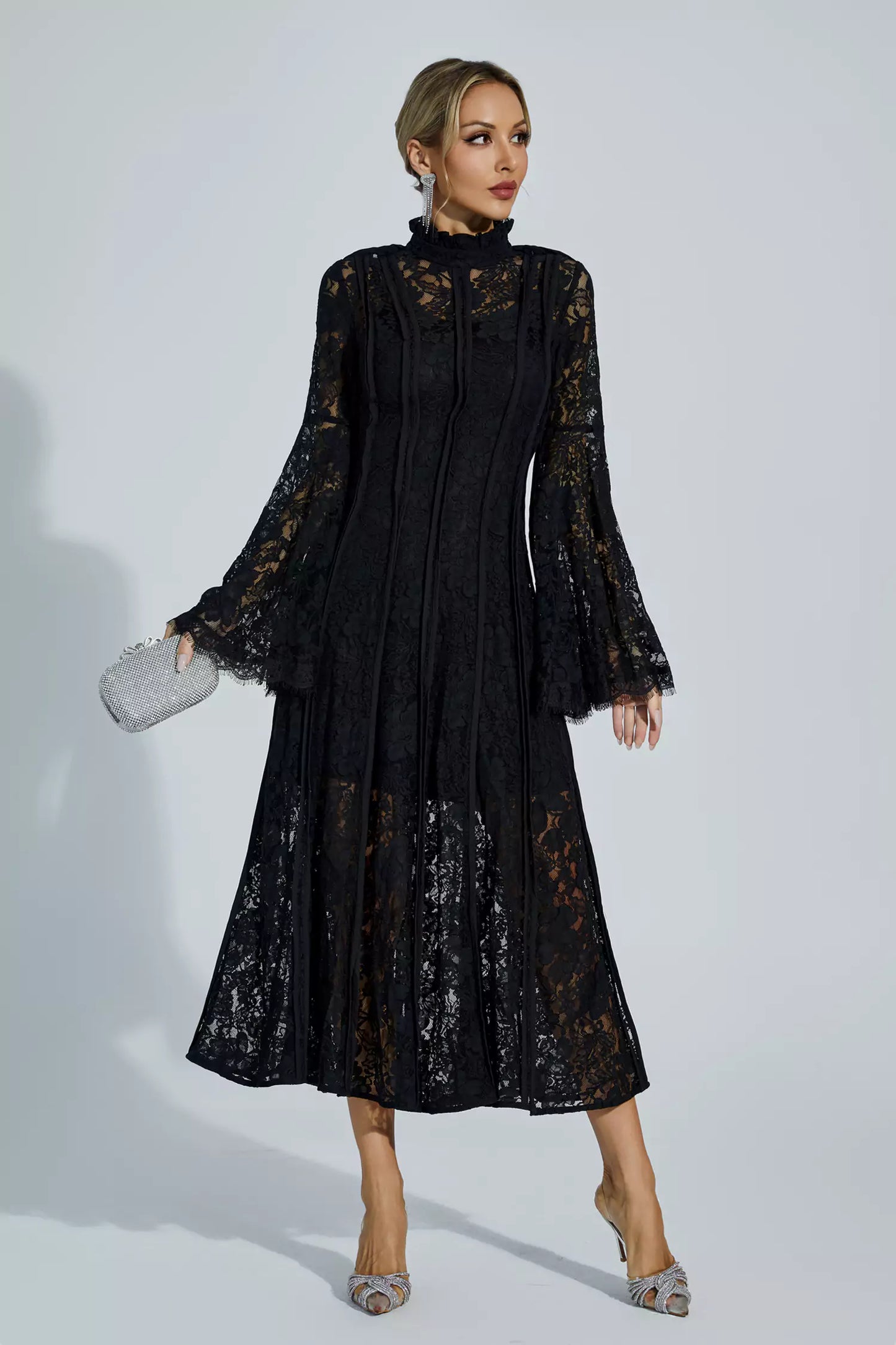 Avah Black Hollow Embroidery Midi Dress