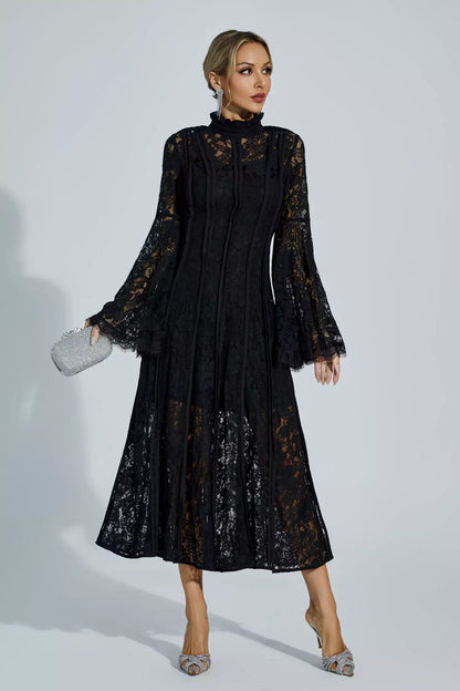 Avah Black Hollow Embroidery Midi Dress