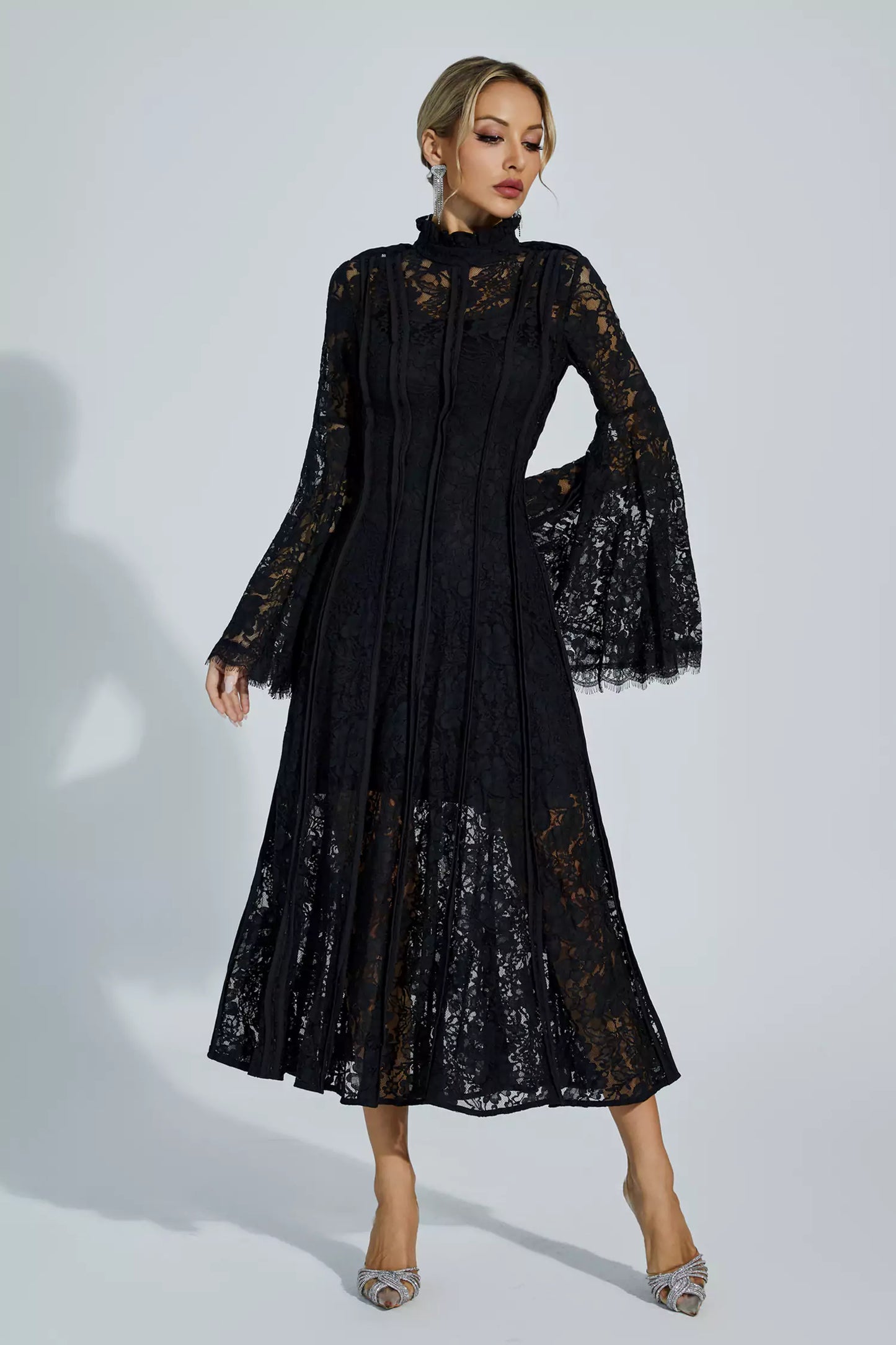 Avah Black Hollow Embroidery Midi Dress