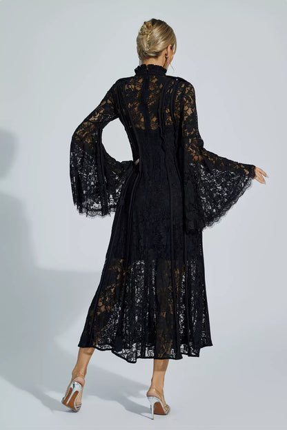 Avah Black Hollow Embroidery Midi Dress