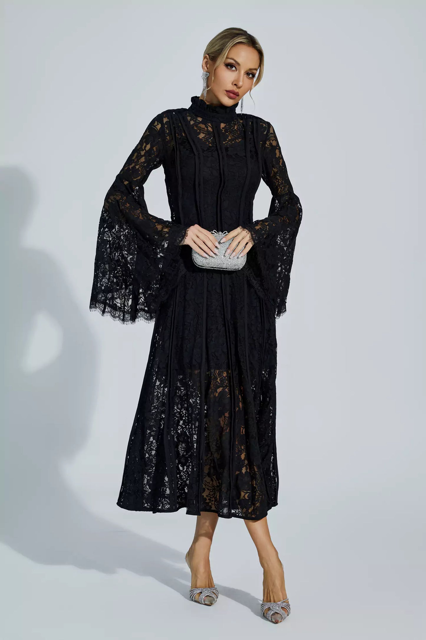 Avah Black Hollow Embroidery Midi Dress