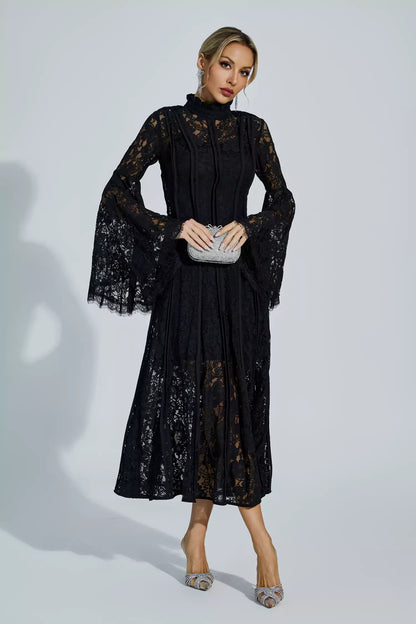 Avah Black Hollow Embroidery Midi Dress