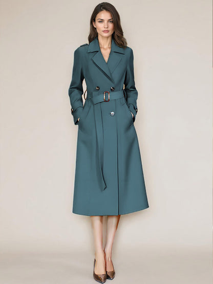 Women's Trench Coat Practical Buttons Turndown Collar Long Sleeves Polyester Lace-up