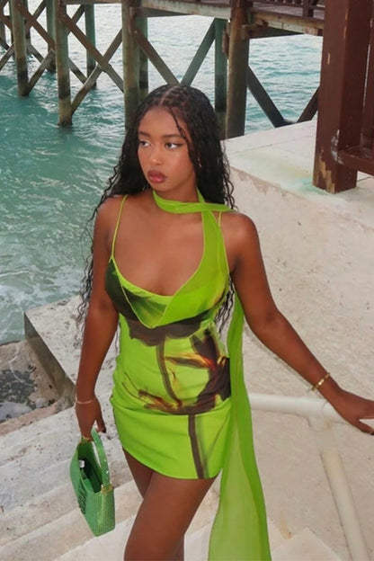 Lesley Floral Print Draped Scarf Mini Dress