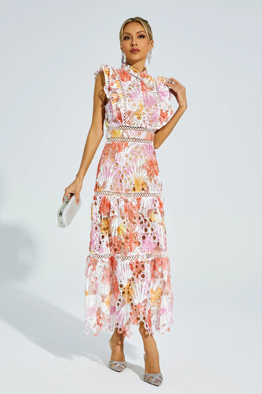 Ayleen Orange Hollow Sleeveless Midi Dress