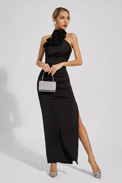 Aylin Black Floral Ruched Halter Maxi Dress