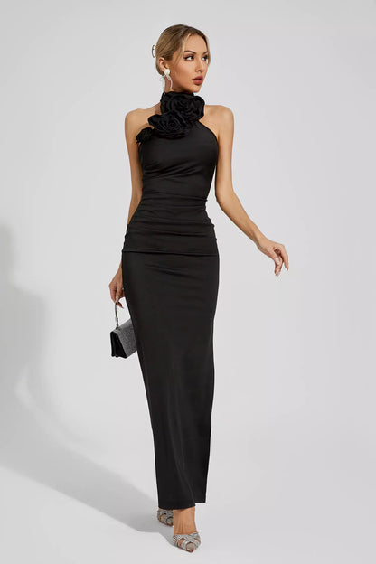 Aylin Black Floral Ruched Halter Maxi Dress