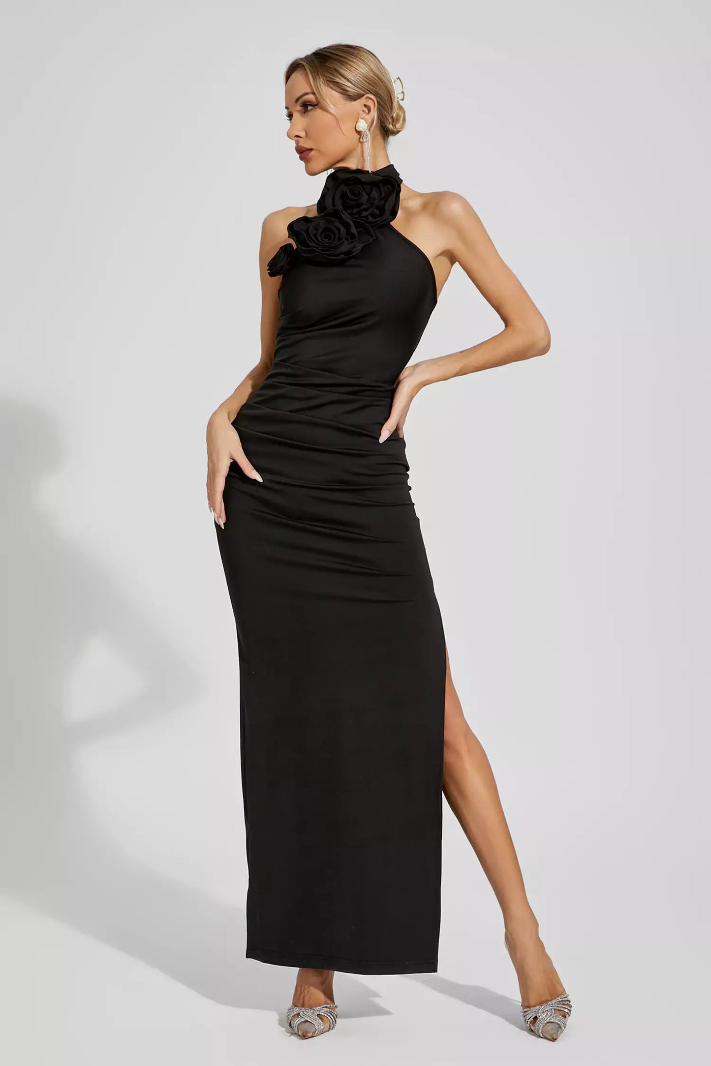 Aylin Black Floral Ruched Halter Maxi Dress