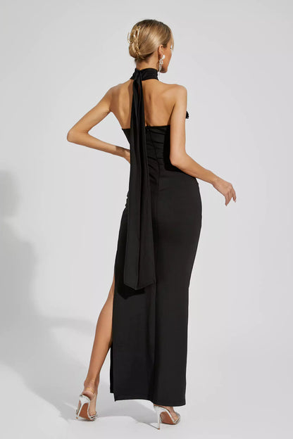 Aylin Black Floral Ruched Halter Maxi Dress