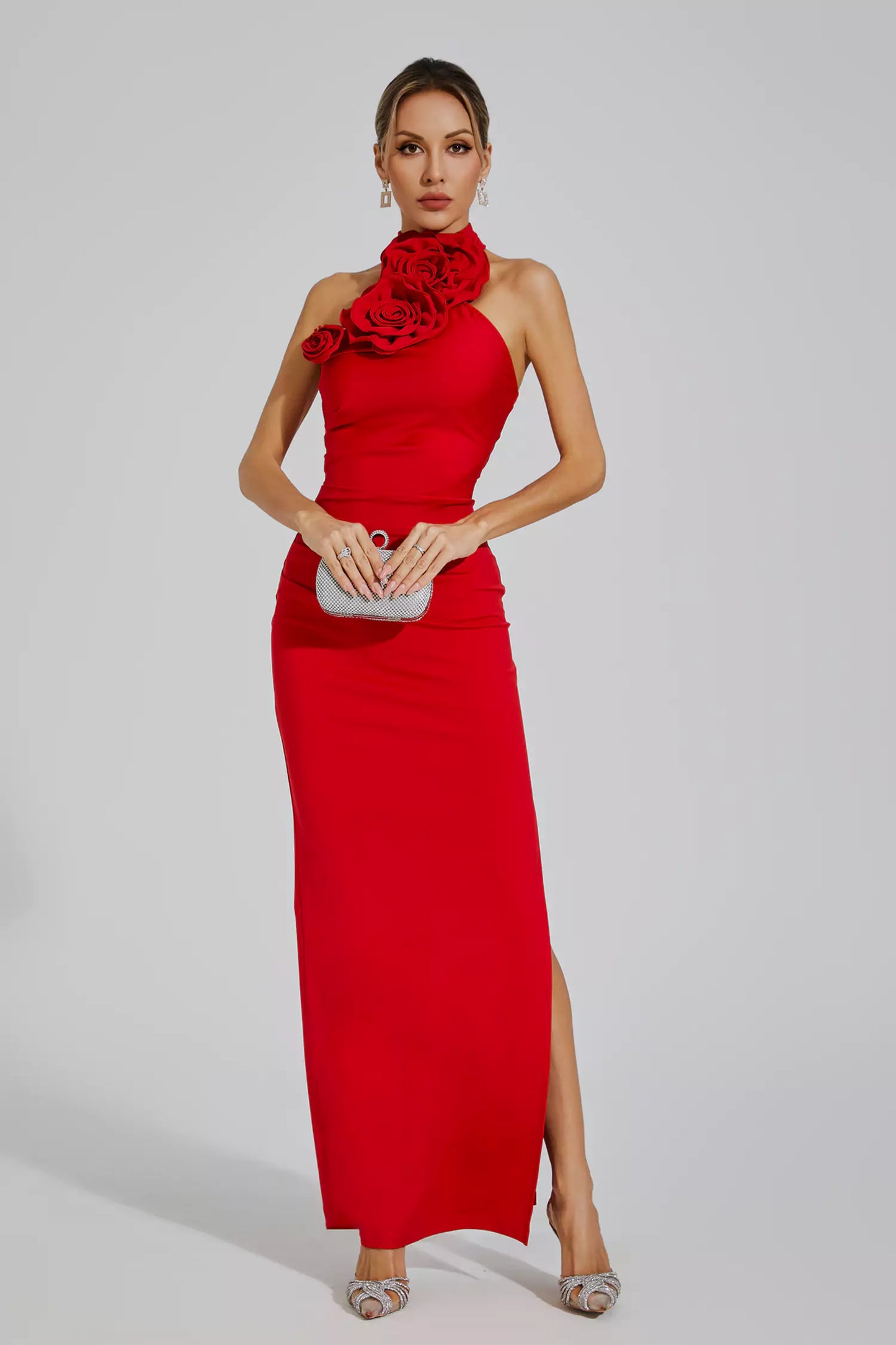 Aylin Red Floral Ruched Halter Maxi Dress