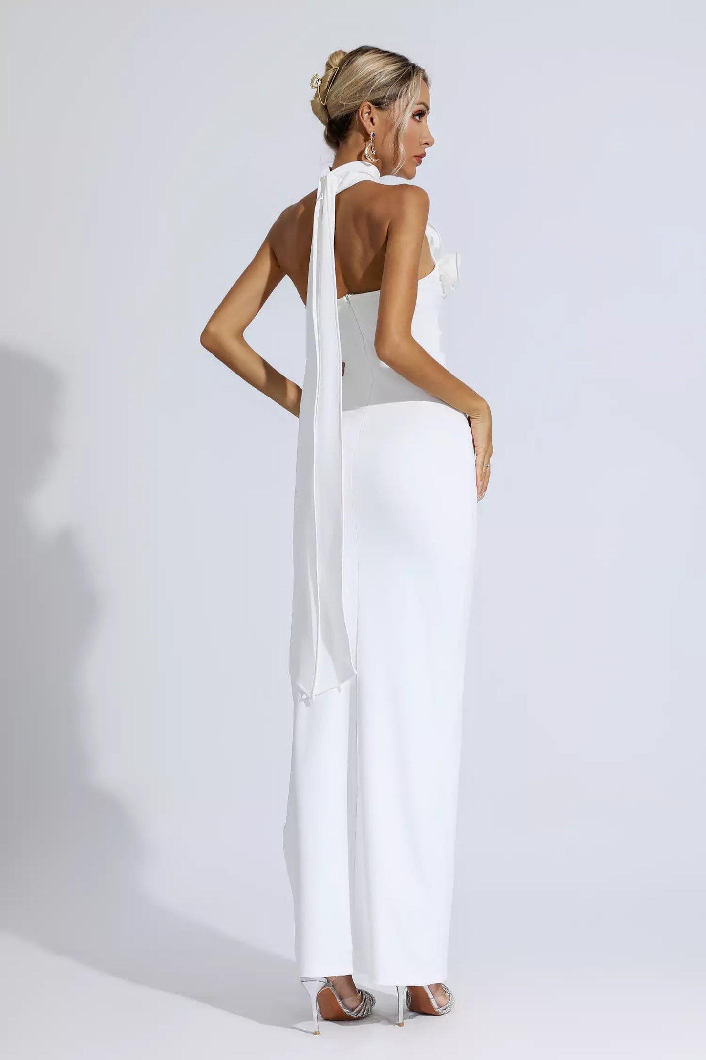 Aylin White Floral Ruched Halter Maxi Dress