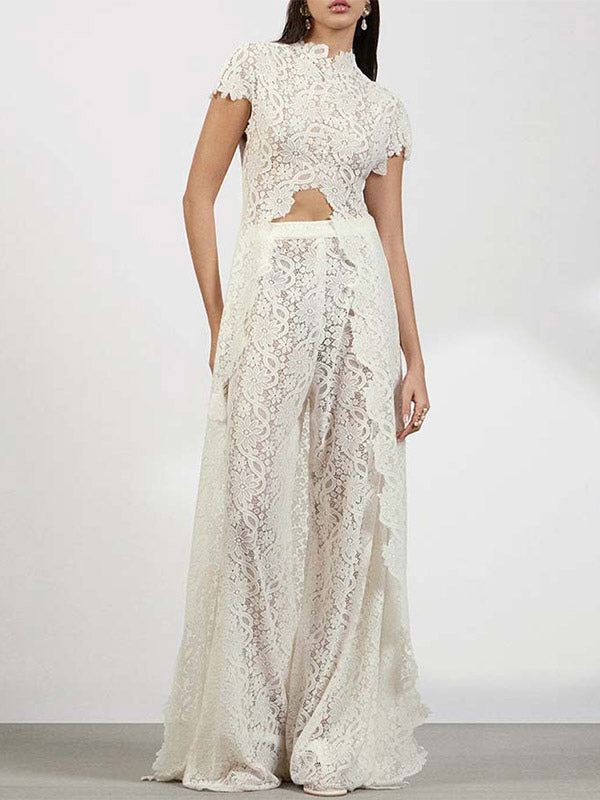 Two Piece Sets Pant Set Maxi Dresses White Resort Wear Jewel Neck Illusion Sleeves Short Sleeves Sets