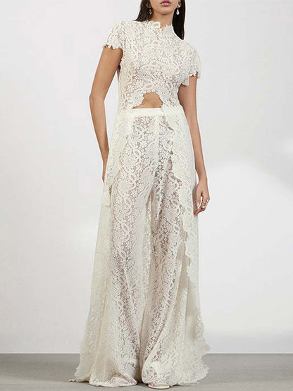 Two Piece Sets Pant Set Maxi Dresses White Resort Wear Jewel Neck Illusion Sleeves Short Sleeves Sets