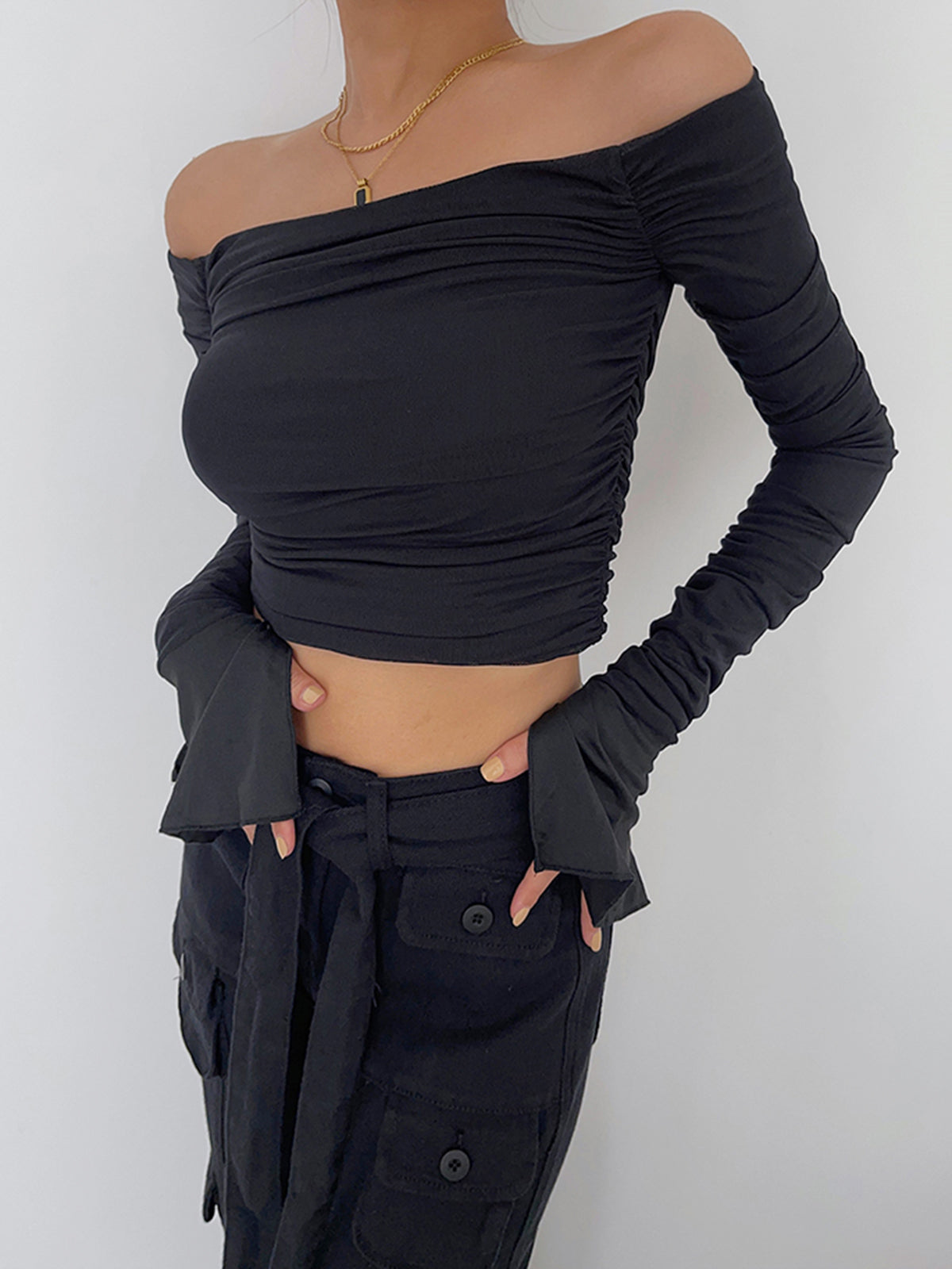 Semi-Sheer Off-Shoulder Mesh Crop Shirt