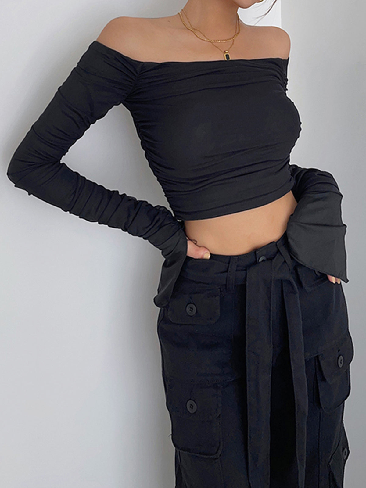 Semi-Sheer Off-Shoulder Mesh Crop Shirt