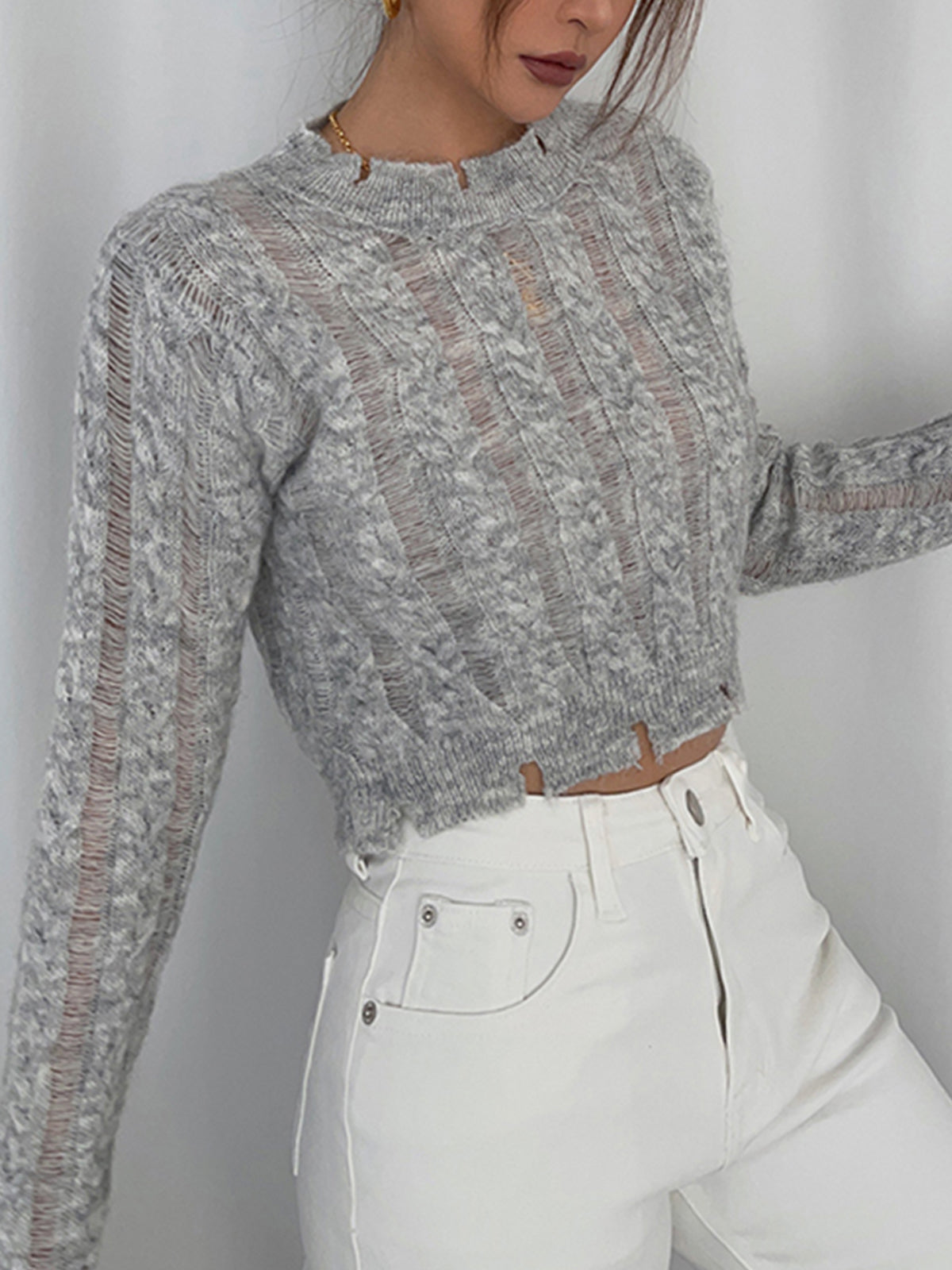 Semi-Sheer Snowflake Crochet Knit Shirt