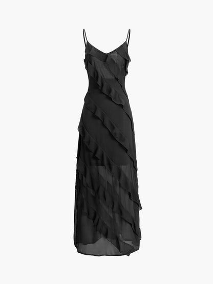 Semi-Sheer Ladder Ruffle Zippered Long Dress