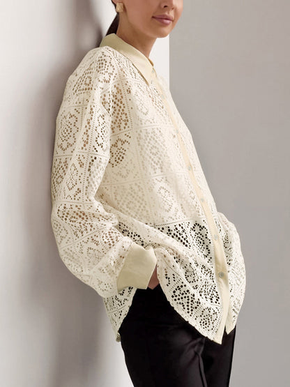 Oversized Semi-Sheer Eyelet Button Down Shirt