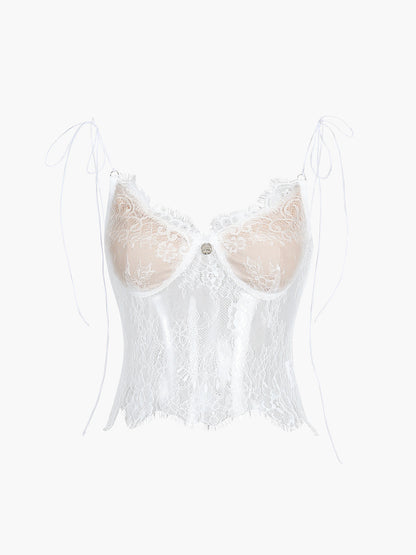 Sheer Tie Shoulder Floral Lace Cami Crop Top