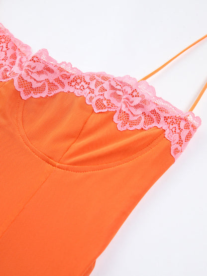 Semi-Sheer Mesh Lace Trim Long Dress