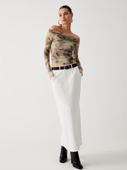 Semi-Sheer Tulle Mesh Off Shoulder Long Sleeve Crop Top