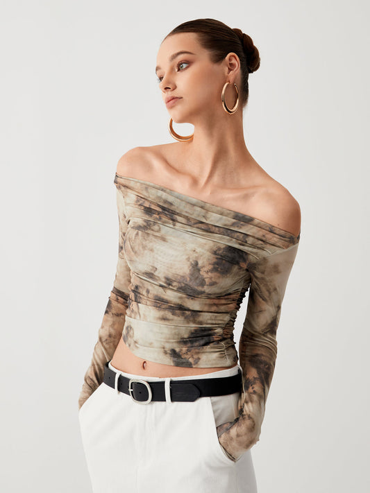 Semi-Sheer Tulle Mesh Off Shoulder Long Sleeve Crop Top