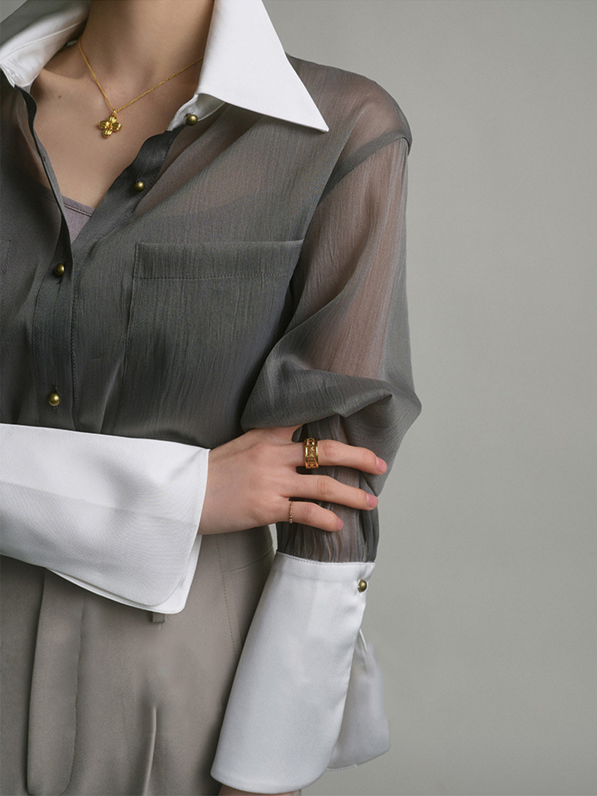 Semi-Sheer Leisure See Through Shirt With Cami Top