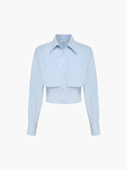 Baby Blue Open Collar Double Layer Crop Shirt