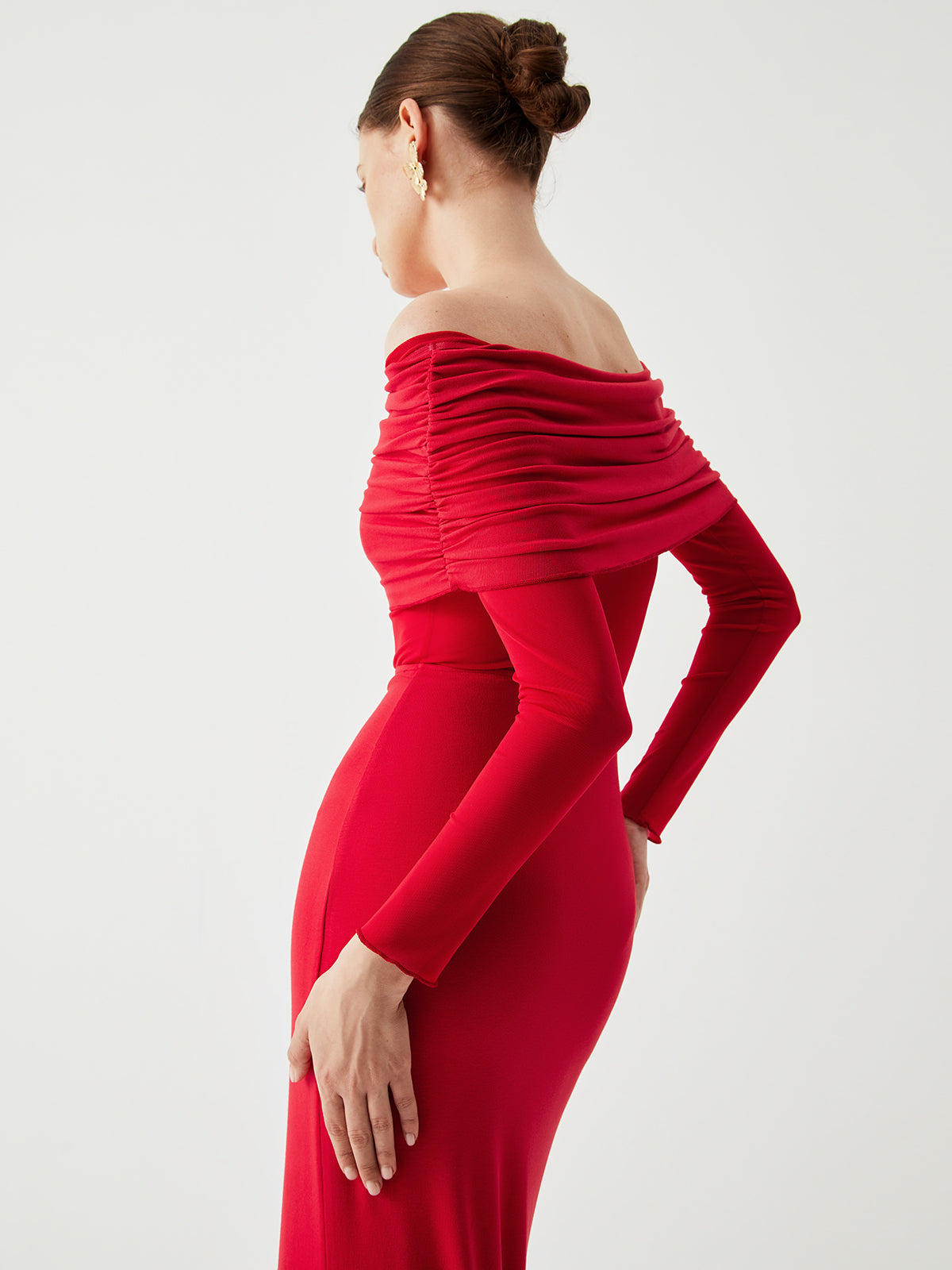 Semi-Sheer Off-Shoulder Mesh Long Sleeve Long Dress